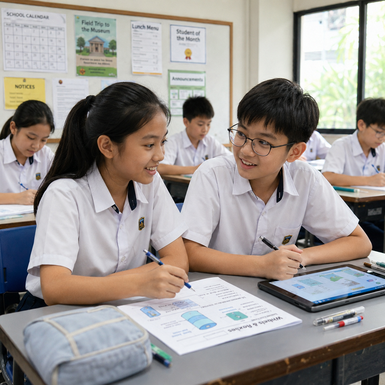Students in a classroom having discussion and working on their work